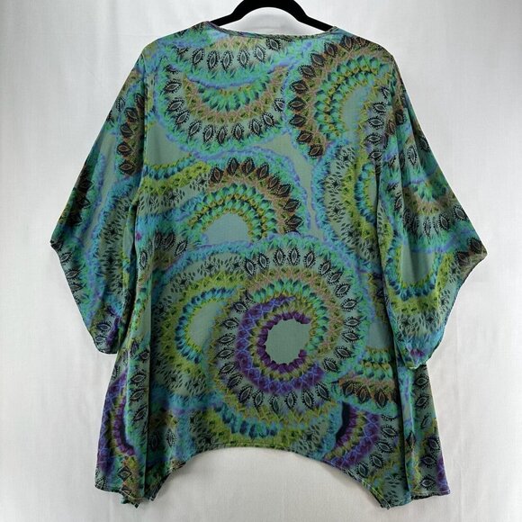Tianello Blouse Womens M Boho Tunic Silk Printed Kimono Sleeve Asymmetric Green - Picture 2 of 11